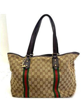 Gucci GG Canvas Tote Bag Webbing Line Brown